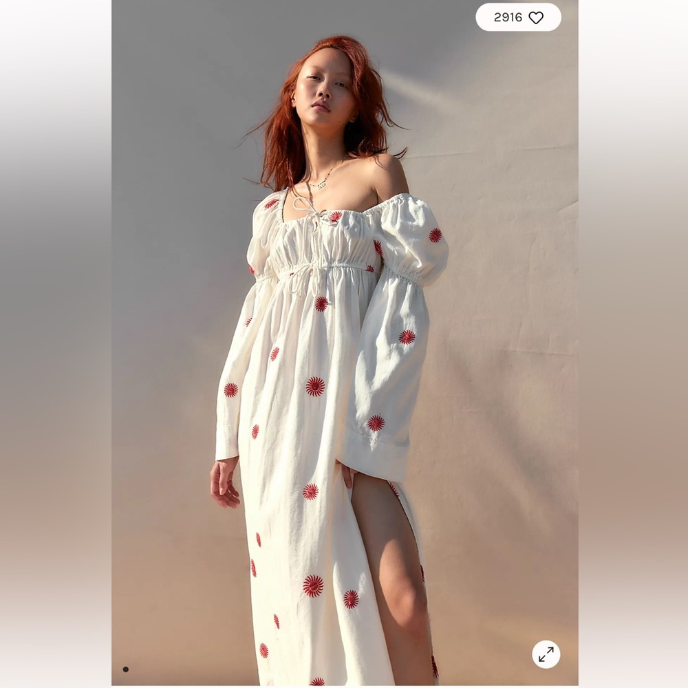 Free People Emory Embroidered White Maxi Dress with Red Floral Accents SOLD OUT - Picture 3 of 6